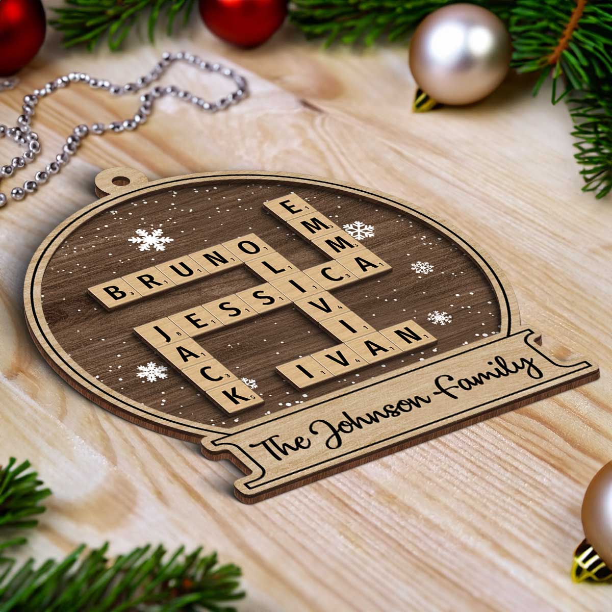 Family Names In Snow Globe Crossword Puzzle Art Personalized 2-Layer Wooden Ornament, Christmas Decor, Christmas Gift For Families - Image 5