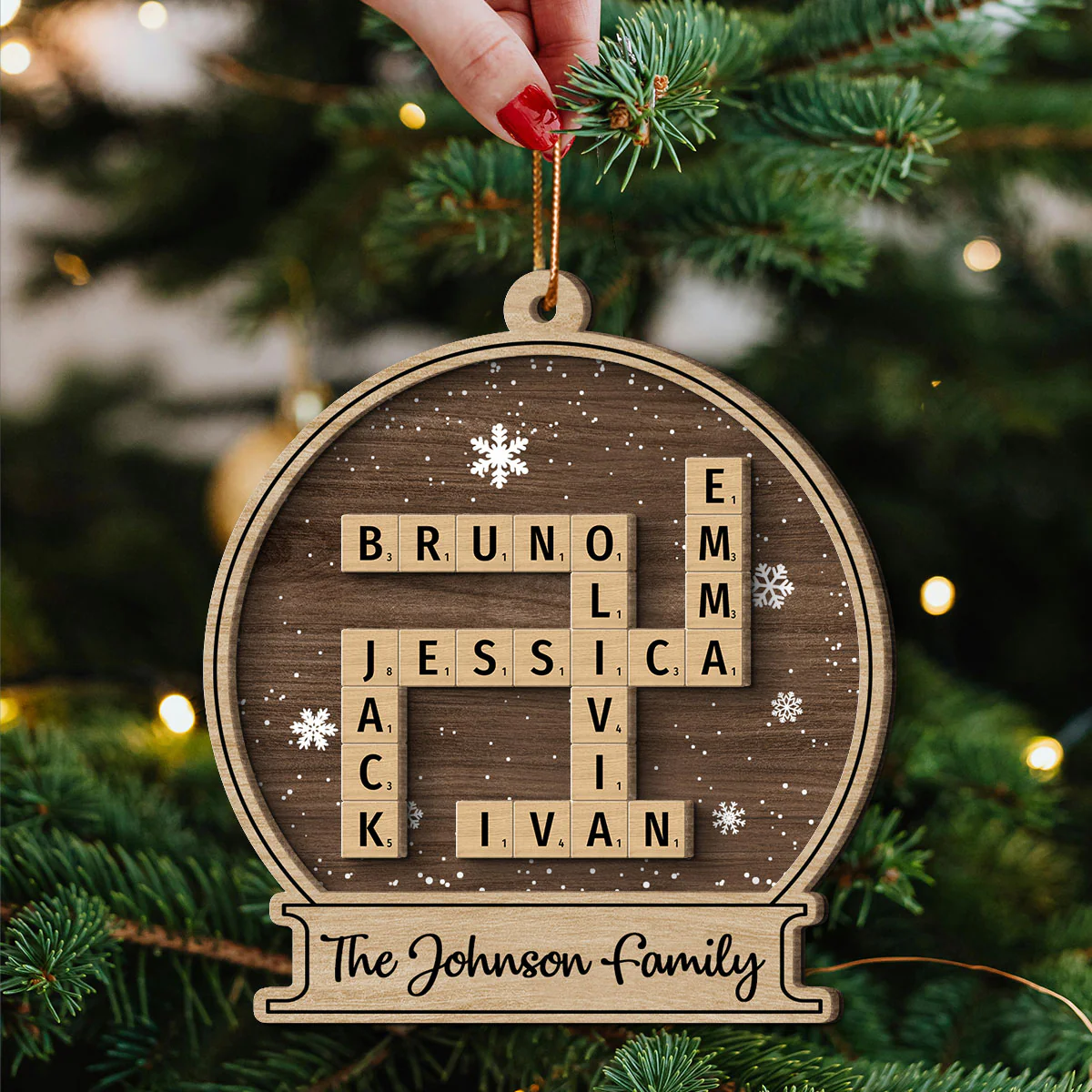 Family Names In Snow Globe Crossword Puzzle Art Personalized 2-Layer Wooden Ornament, Christmas Decor, Christmas Gift For Families - Image 6