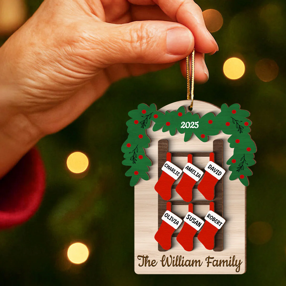 Family Names Ladder Stocking - Persnalized 3-Layered Wooden Ornament - Christmas Gift - Image 3