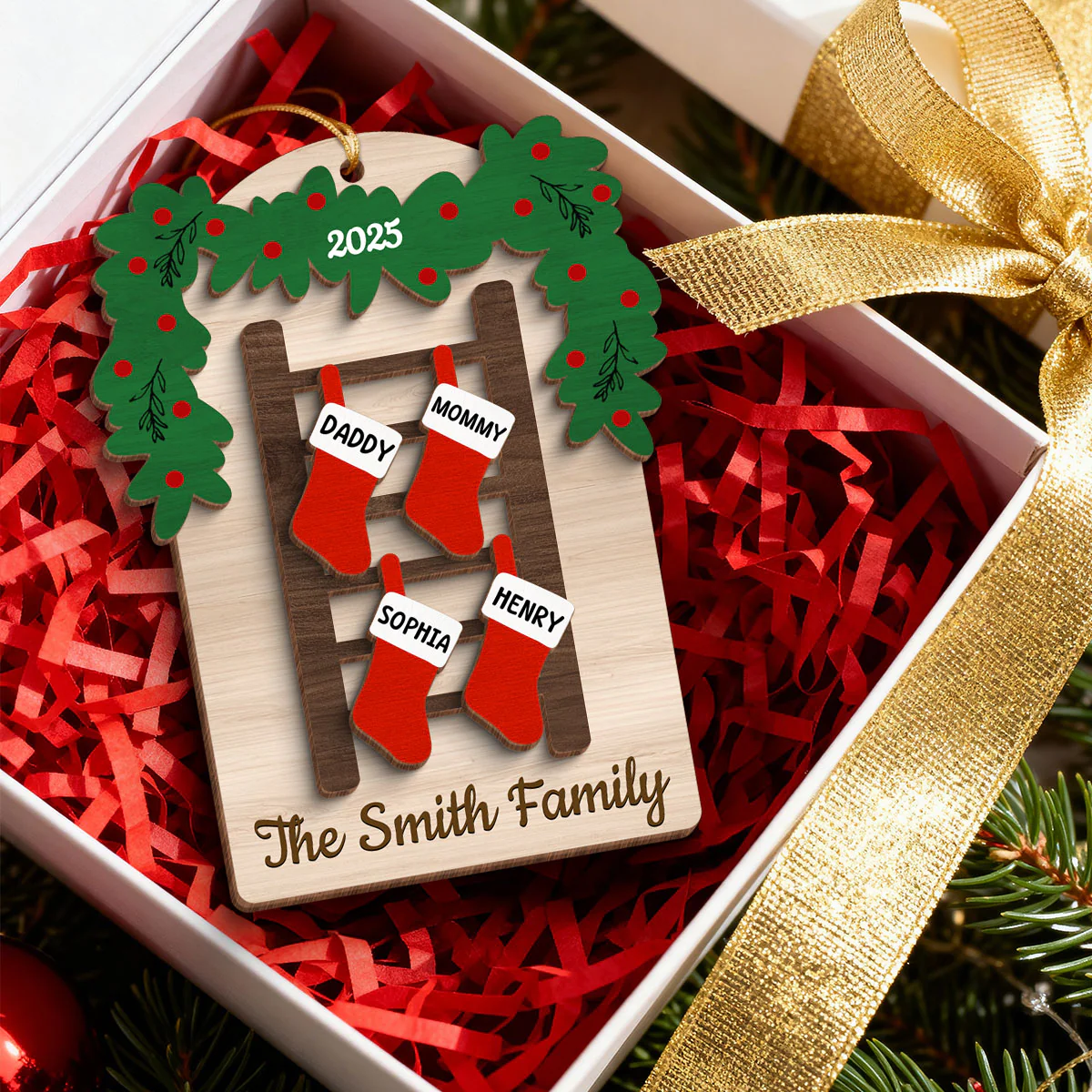 Family Names Ladder Stocking - Persnalized 3-Layered Wooden Ornament - Christmas Gift - Image 4