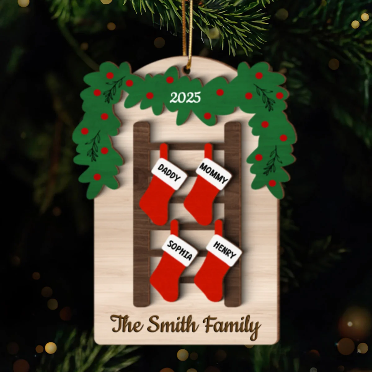 Family Names Ladder Stocking - Persnalized 3-Layered Wooden Ornament - Christmas Gift - Image 8