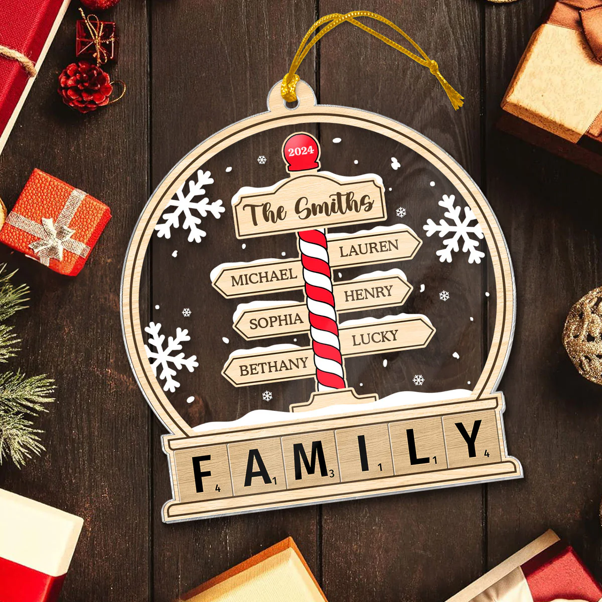 Family North Pole Sign In Snow Globe Personalized Acrylic Ornament, Christmas Gift - Image 3