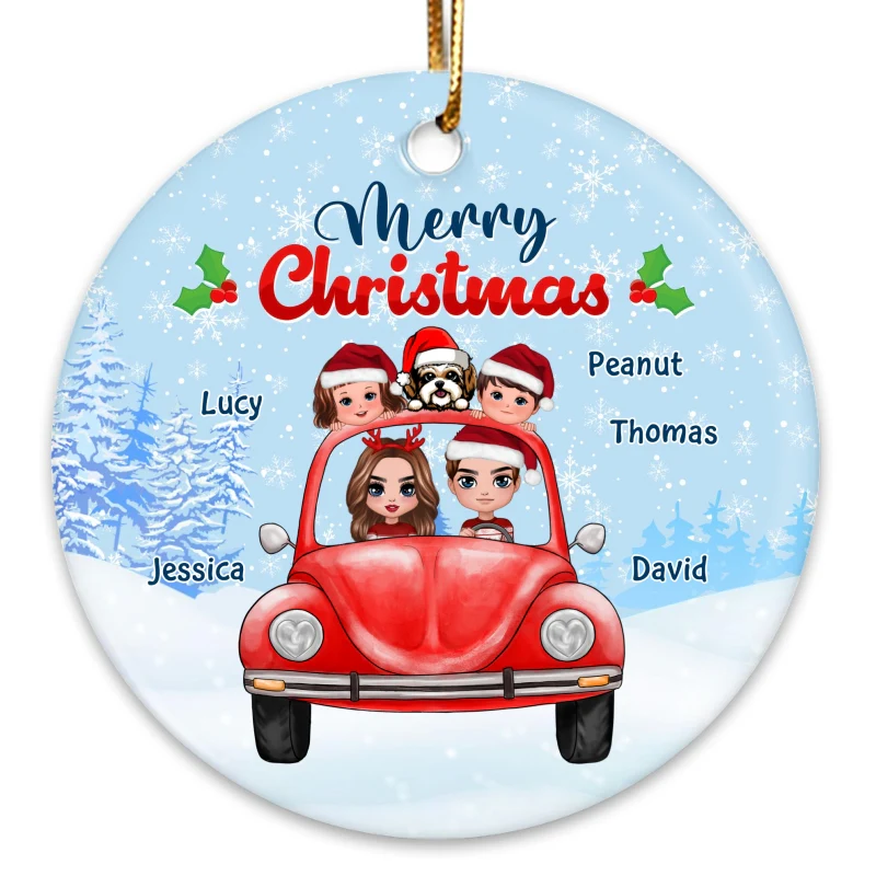 Family On Car Christmas Personalized Circle Ornament