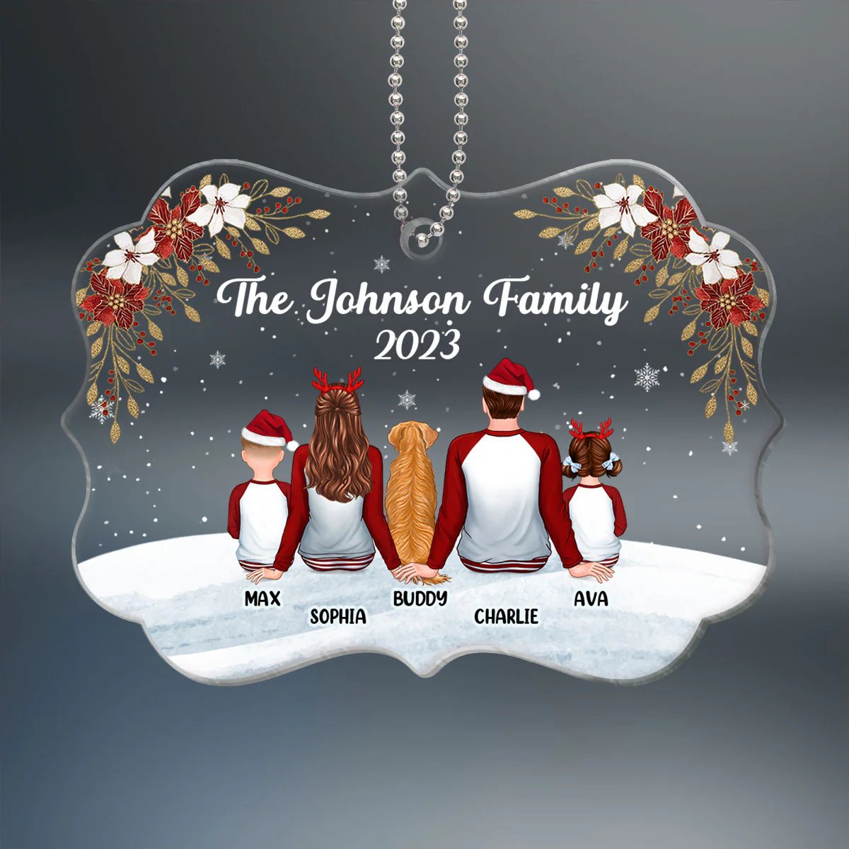 Family Pajamas Back View In Snow Poinsettia Personalized Acrylic Ornament - Image 2