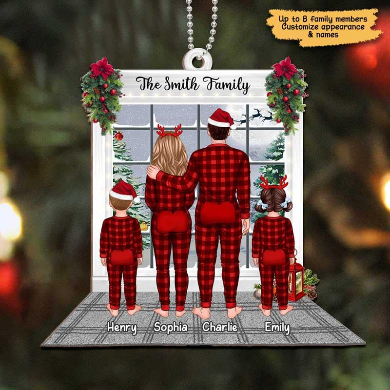 Family Pajamas Christmas By Window Personalized Wooden Ornament