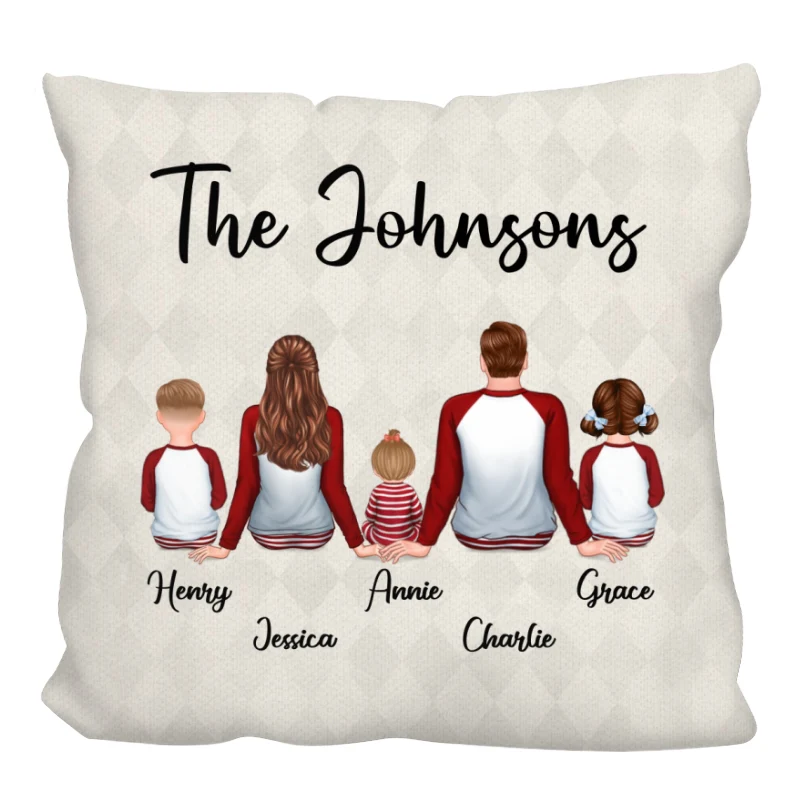 Family Pajamas Couple Kid Dog Cat Back View Personalized Pillow (Insert Included)
