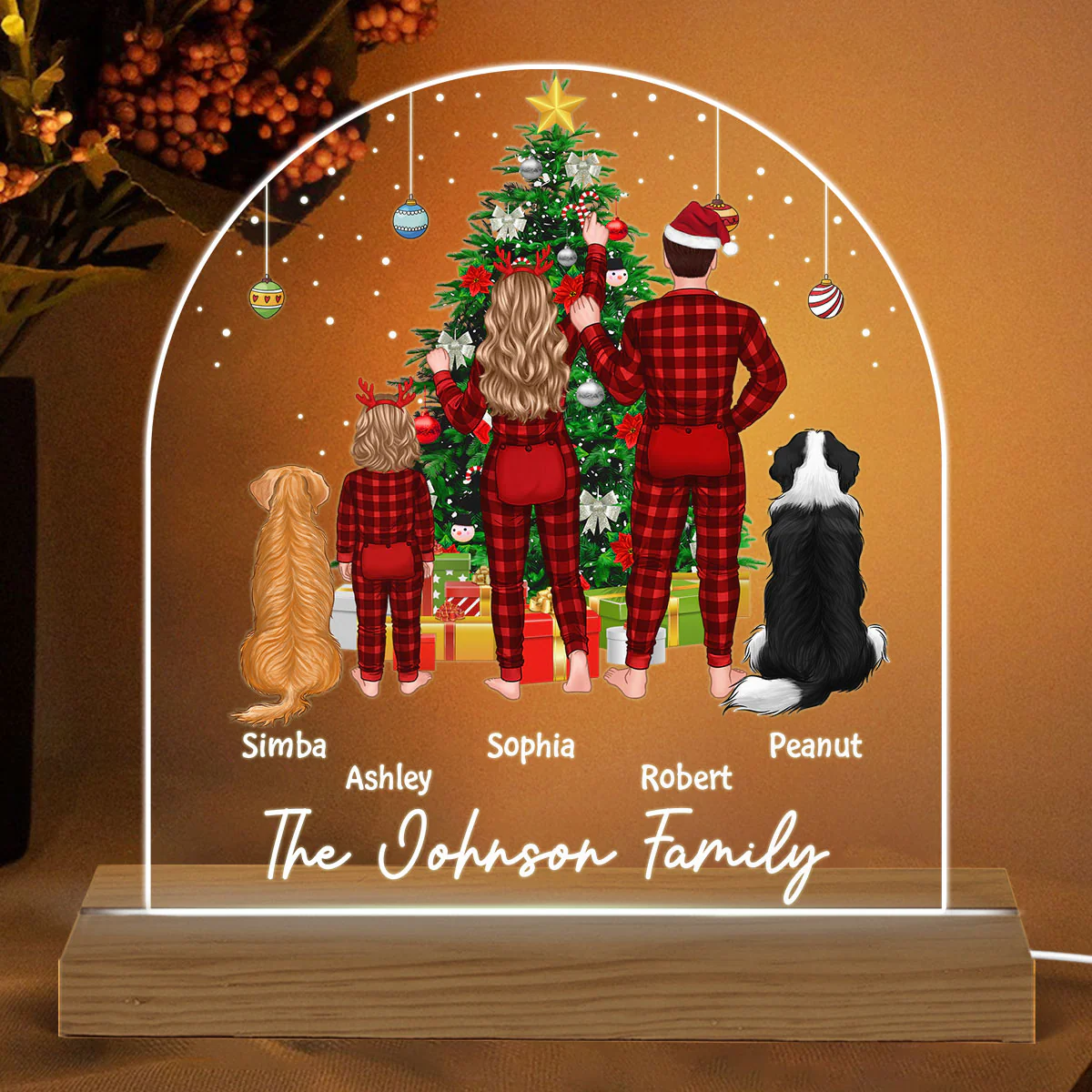 Family Pajamas Couple Kid Dog Cat Decorating Christmas Tree Personalized Custom Shaped Acrylic Plaque With LED Night Light - Image 2