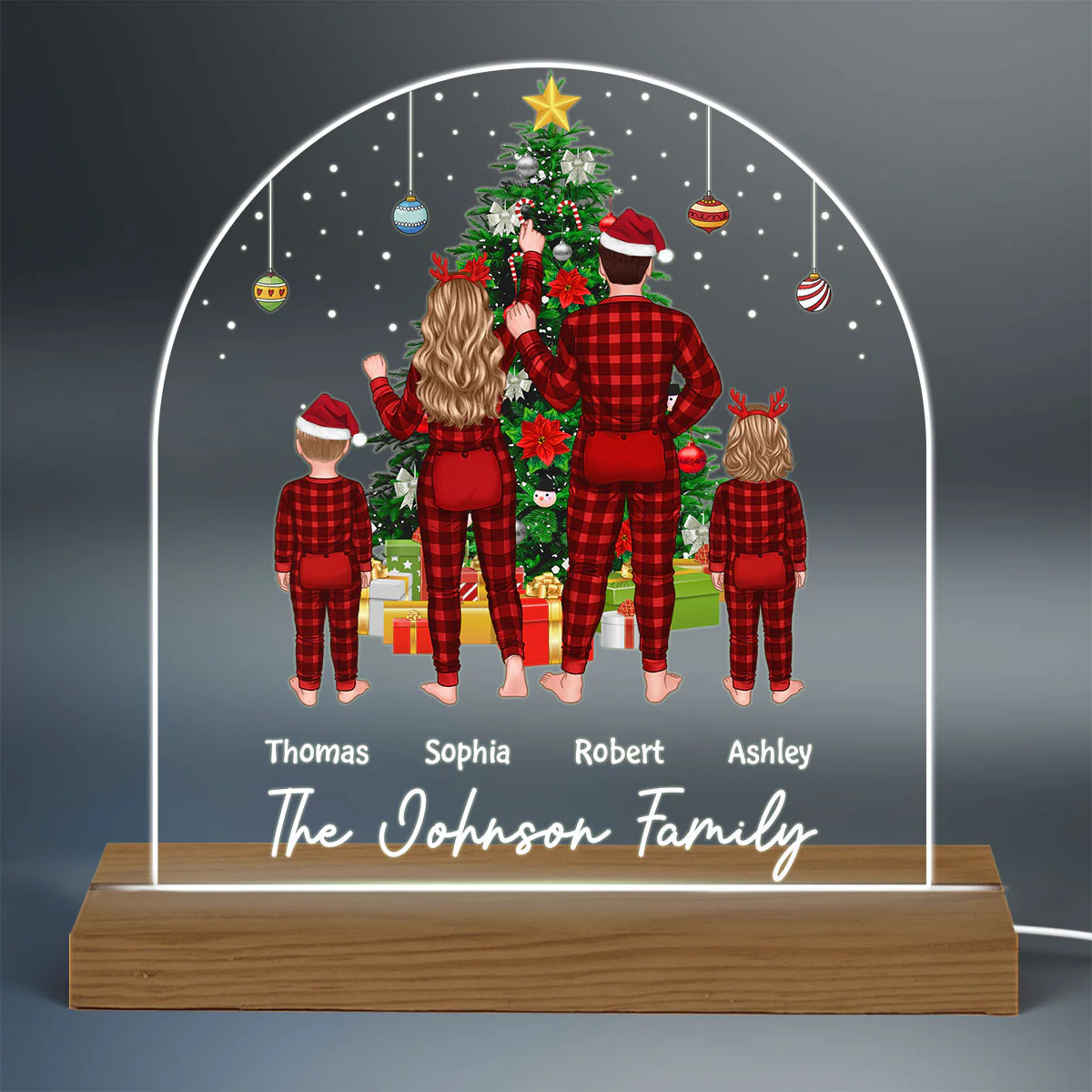 Family Pajamas Couple Kid Dog Cat Decorating Christmas Tree Personalized Custom Shaped Acrylic Plaque With LED Night Light - Image 3