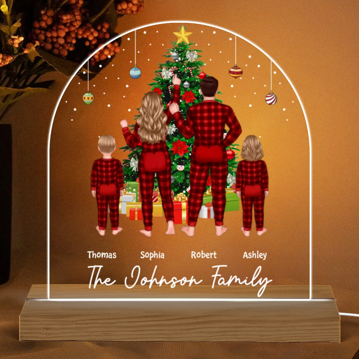 Family Pajamas Couple Kid Dog Cat Decorating Christmas Tree Personalized Custom Shaped Acrylic Plaque With LED Night Light - Image 5