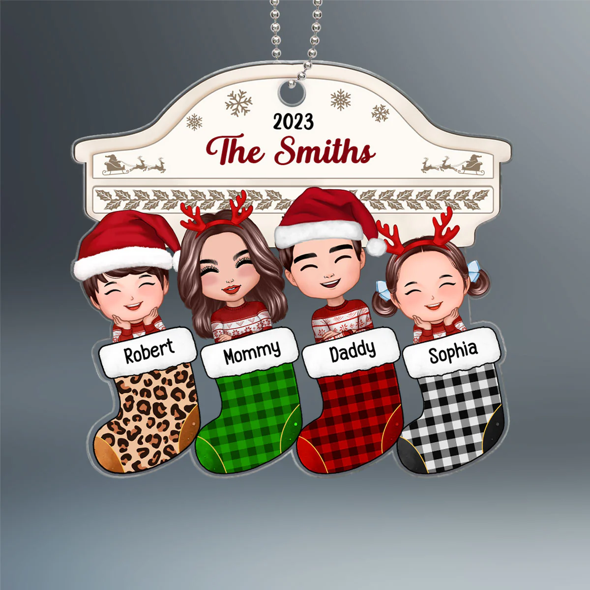 Family Peeking Christmas Stocking Fireplace Personalized Acrylic Ornament - Image 2