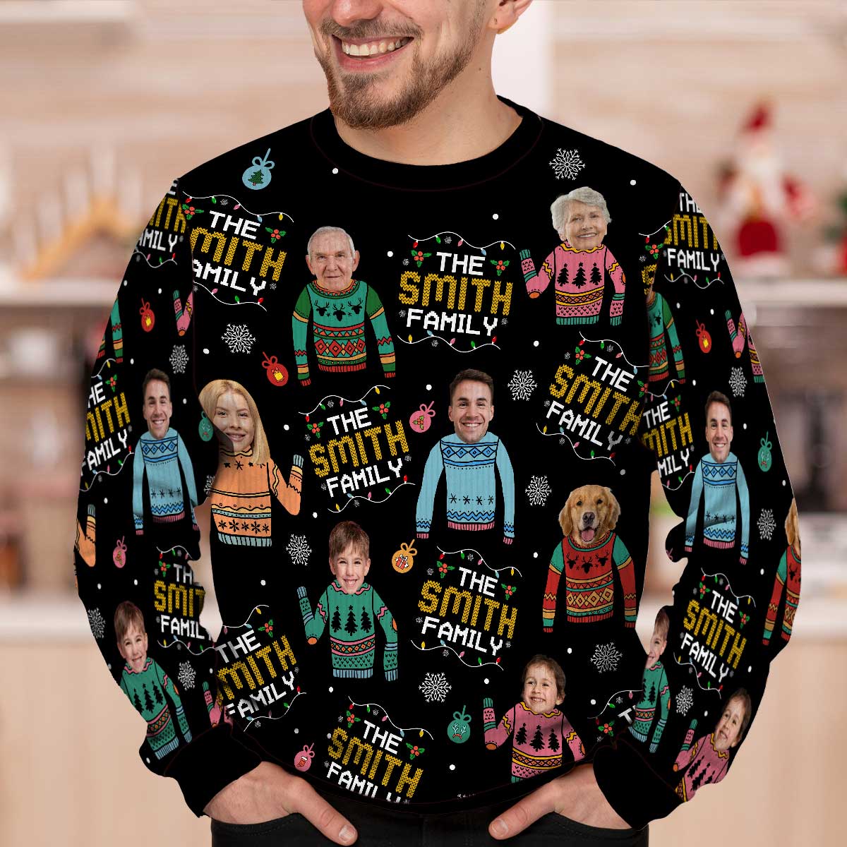 Family Photo Upload Funny Christmas Personalized Faux Knit Ugly Sweater - Image 2