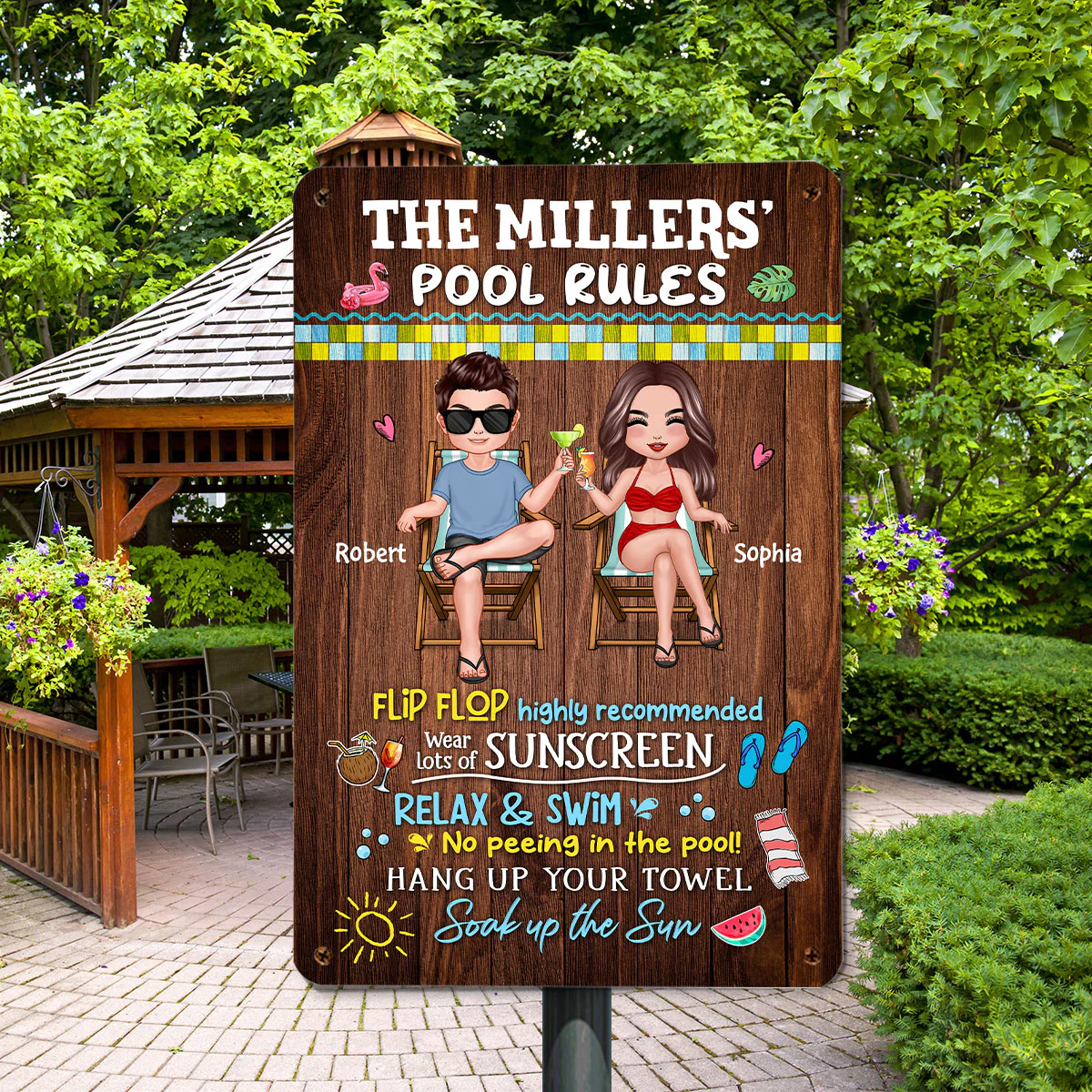 Family Pool Rule Sign Couple Wood Effect Personalized Metal Sign - Image 2