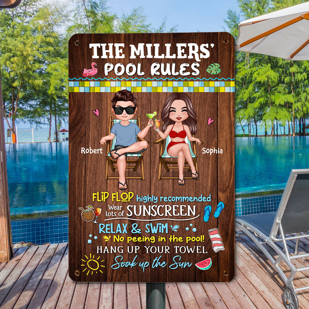 Family Pool Rule Sign Couple Wood Effect Personalized Metal Sign - Image 3