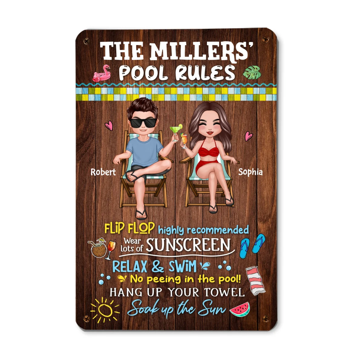 Family Pool Rule Sign Couple Wood Effect Personalized Metal Sign - Image 4
