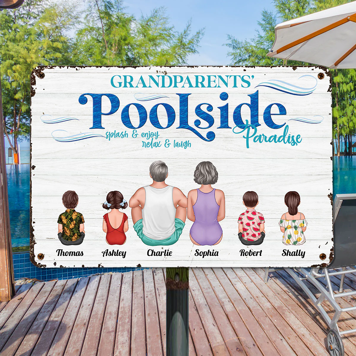 Family Poolside Summer Back View Couple Kids Pool Personalized Metal Sign - Image 2