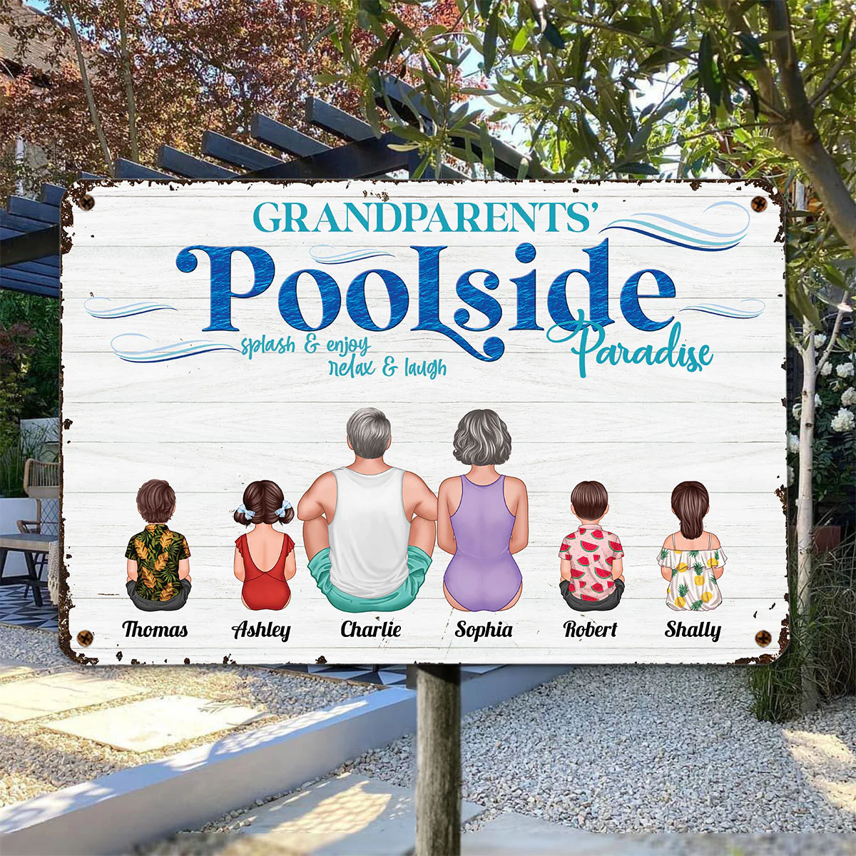 Family Poolside Summer Back View Couple Kids Pool Personalized Metal Sign - Image 3