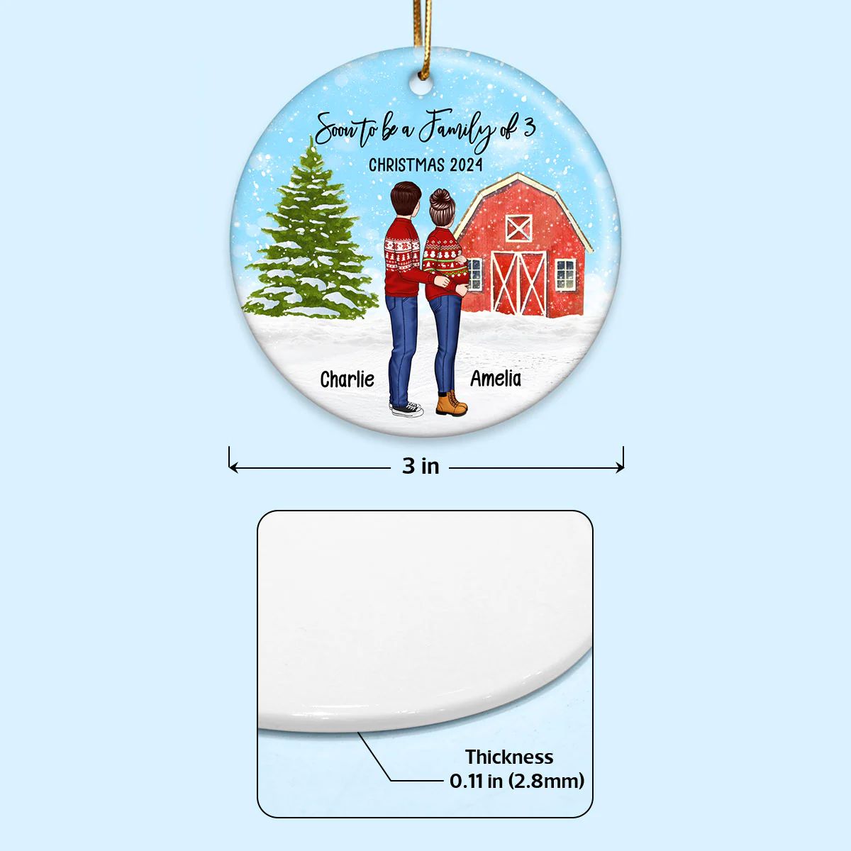 Family Pregnancy Christmas Ornament, Expecting Pregnancy announcement, Red Barn, Personalized Circle Ceramic Ornament - Image 10