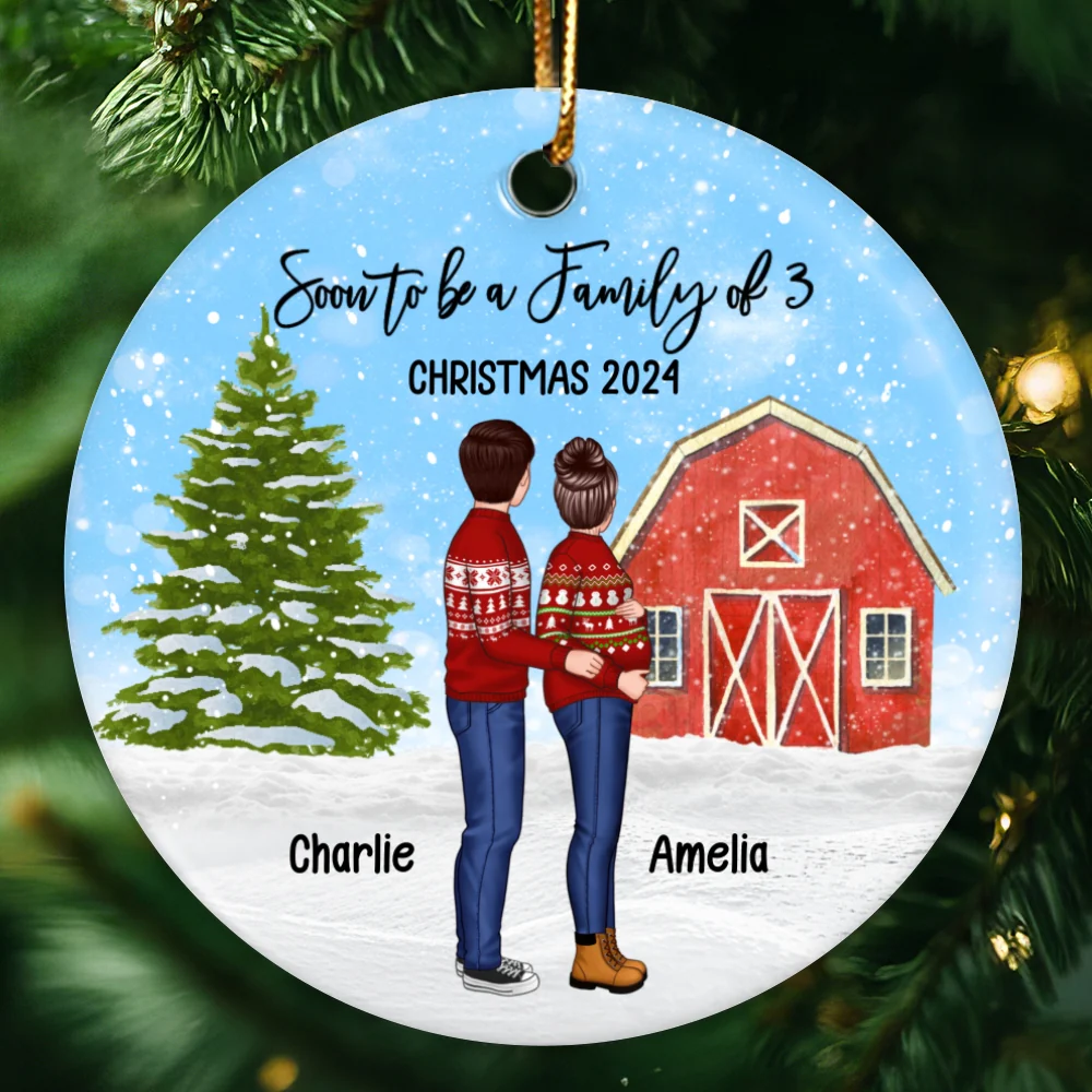 Family Pregnancy Christmas Ornament, Expecting Pregnancy announcement, Red Barn, Personalized Circle Ceramic Ornament - Image 12