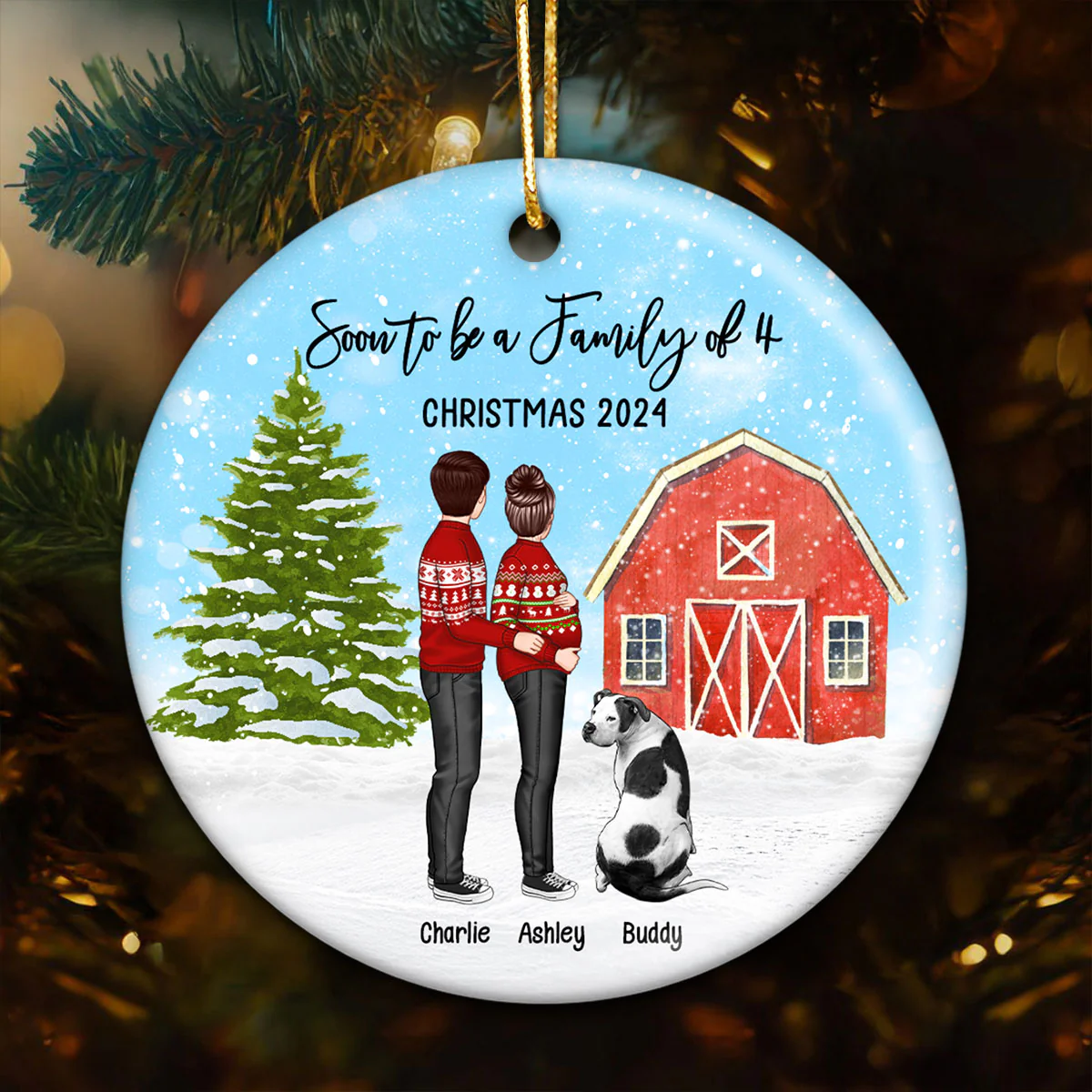 Family Pregnancy Christmas Ornament, Expecting Pregnancy announcement, Red Barn, Personalized Circle Ceramic Ornament - Image 2