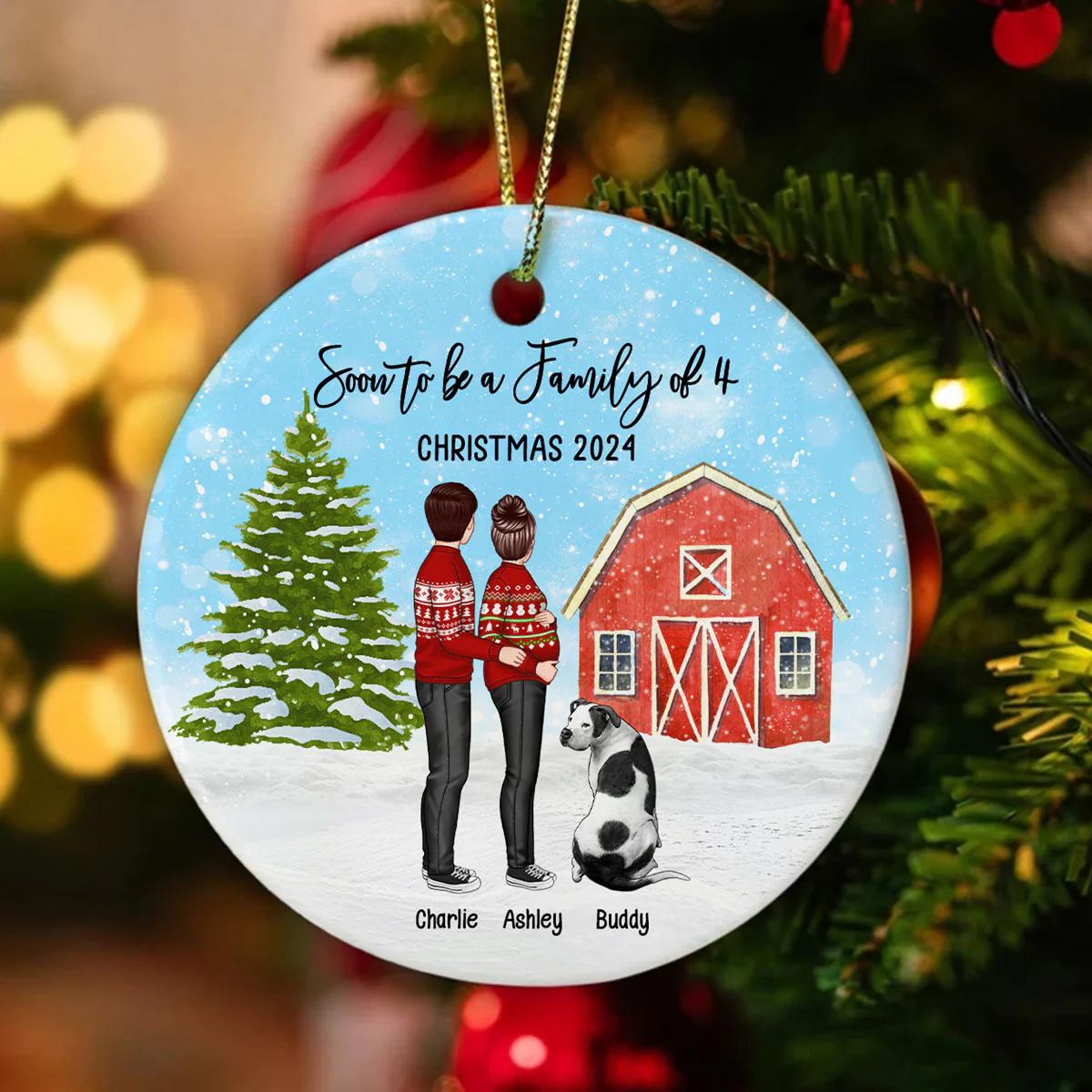Family Pregnancy Christmas Ornament, Expecting Pregnancy announcement, Red Barn, Personalized Circle Ceramic Ornament - Image 3