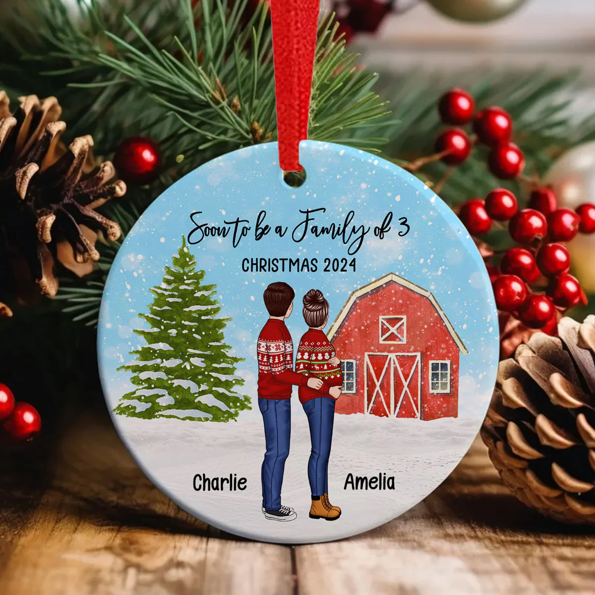 Family Pregnancy Christmas Ornament, Expecting Pregnancy announcement, Red Barn, Personalized Circle Ceramic Ornament - Image 4