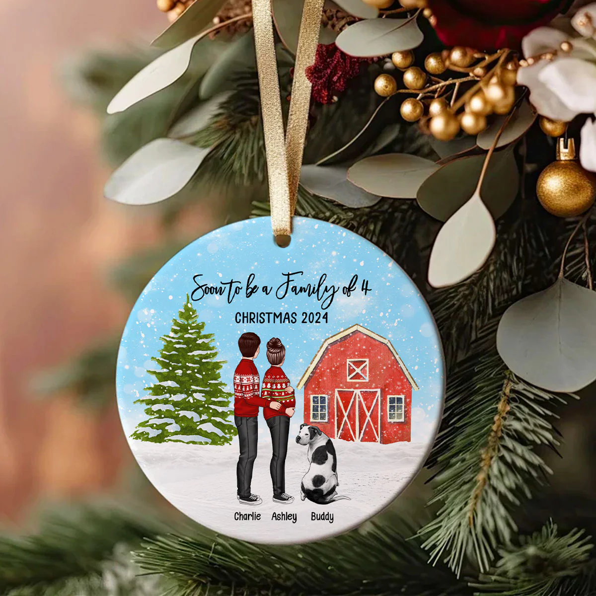 Family Pregnancy Christmas Ornament, Expecting Pregnancy announcement, Red Barn, Personalized Circle Ceramic Ornament - Image 5