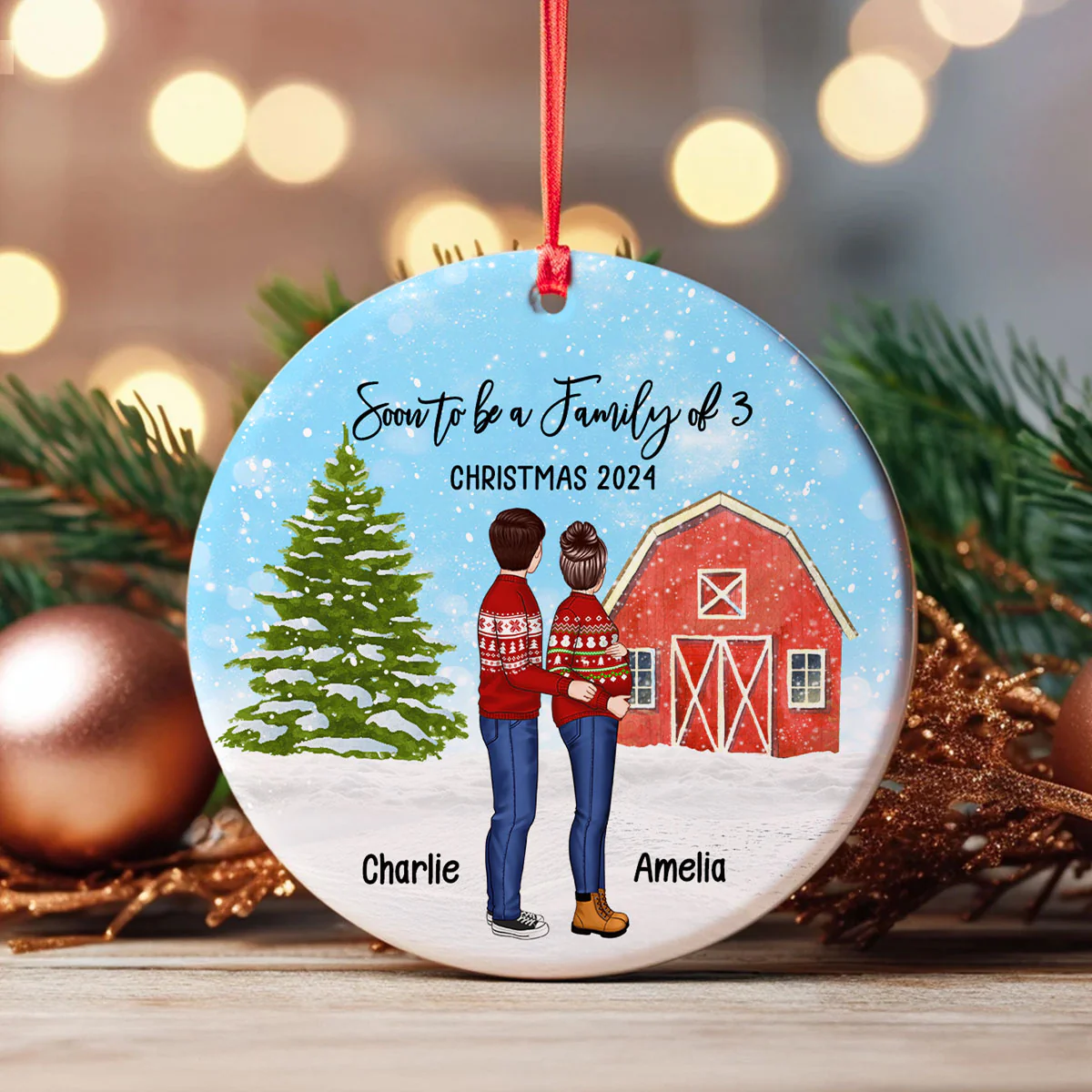 Family Pregnancy Christmas Ornament, Expecting Pregnancy announcement, Red Barn, Personalized Circle Ceramic Ornament - Image 6