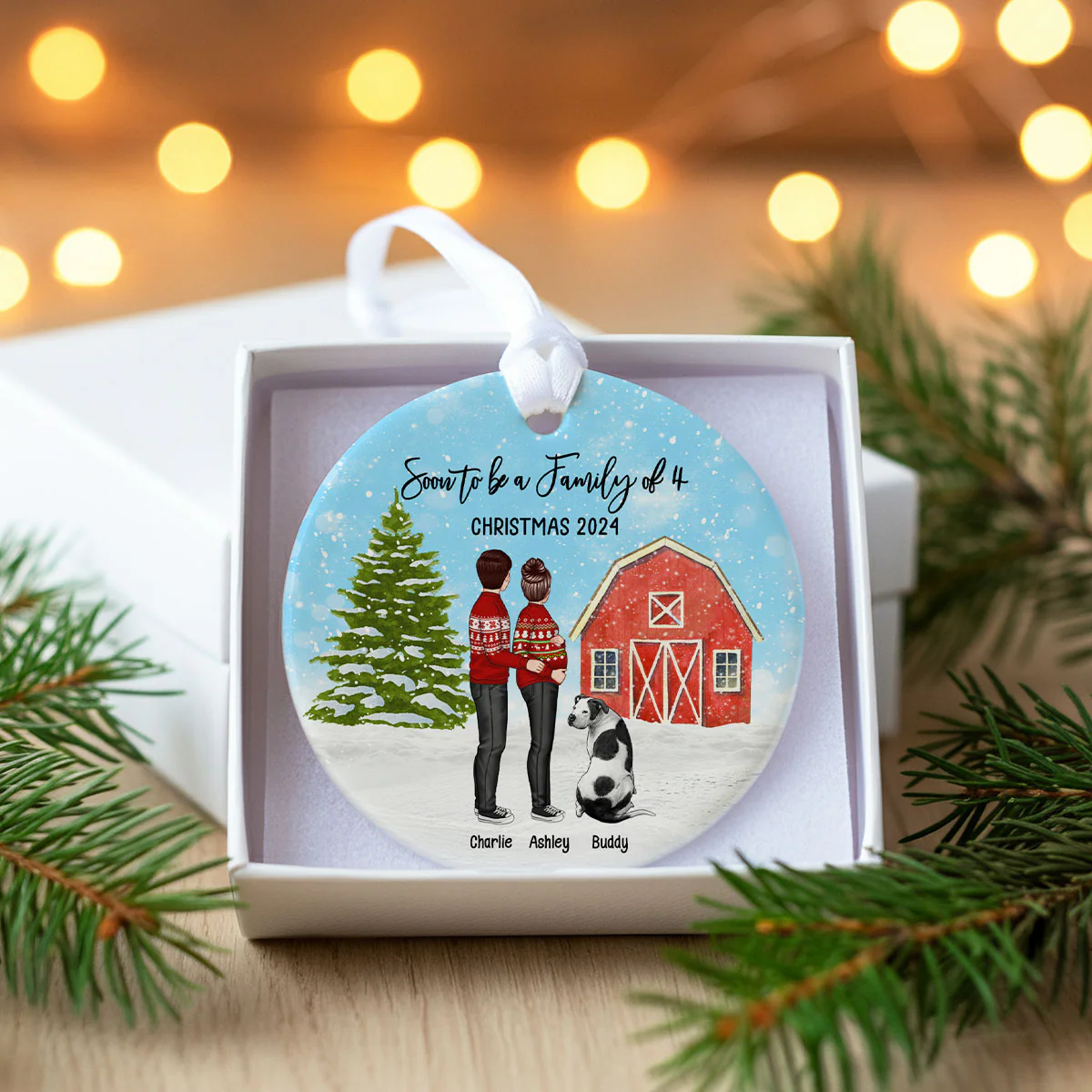 Family Pregnancy Christmas Ornament, Expecting Pregnancy announcement, Red Barn, Personalized Circle Ceramic Ornament - Image 7