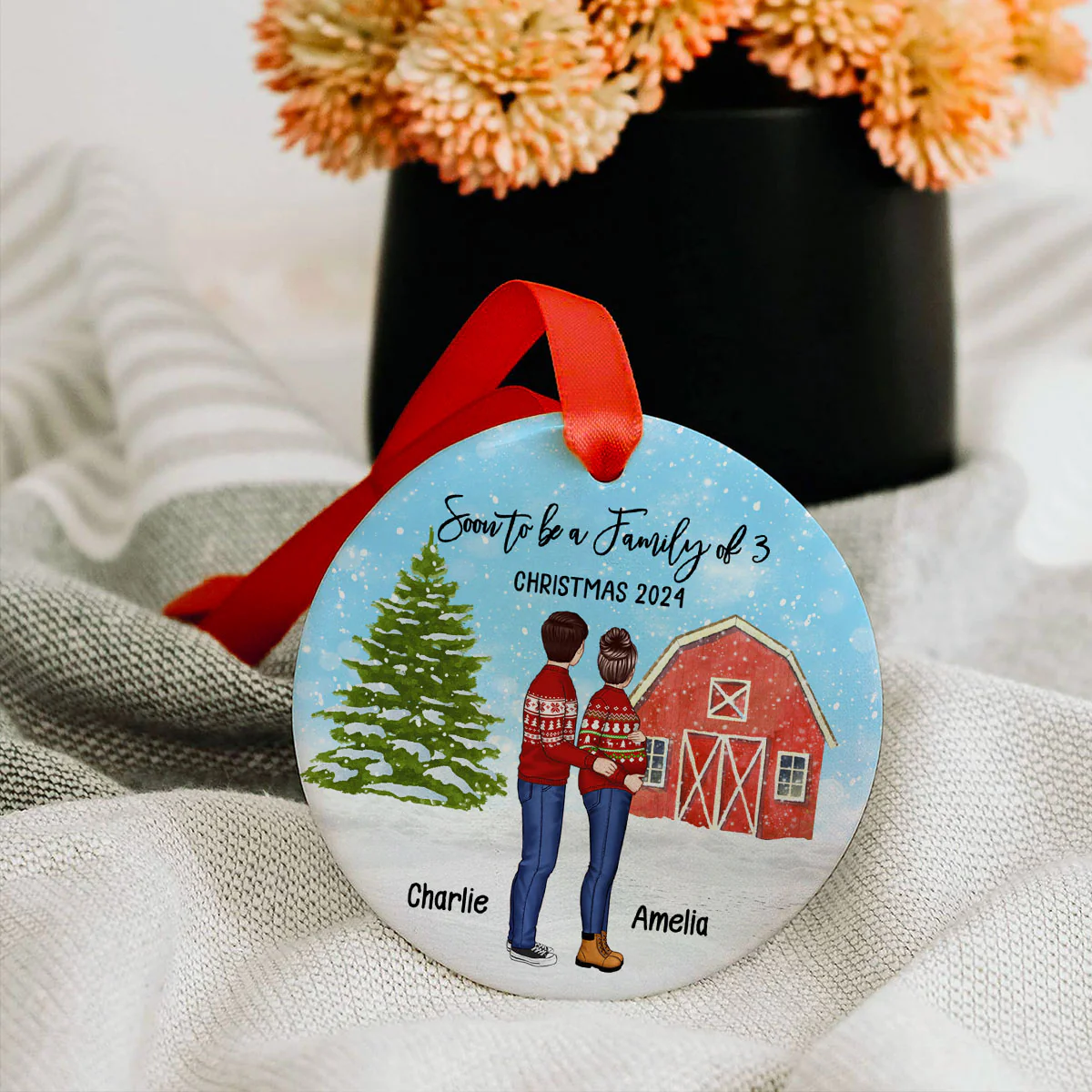 Family Pregnancy Christmas Ornament, Expecting Pregnancy announcement, Red Barn, Personalized Circle Ceramic Ornament - Image 8