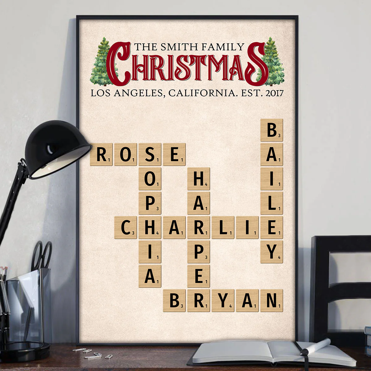 Family Rustic Christmas Crossword Puzzle Art Family Bond Personalized Poster, Christmas Decor