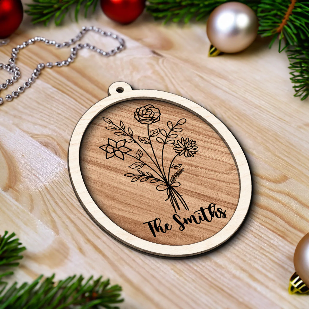 Family Sisters Besties Birth Month Flowers Bouquet Personalized 2-Layer Wooden Ornament, Christmas Gift - Image 4
