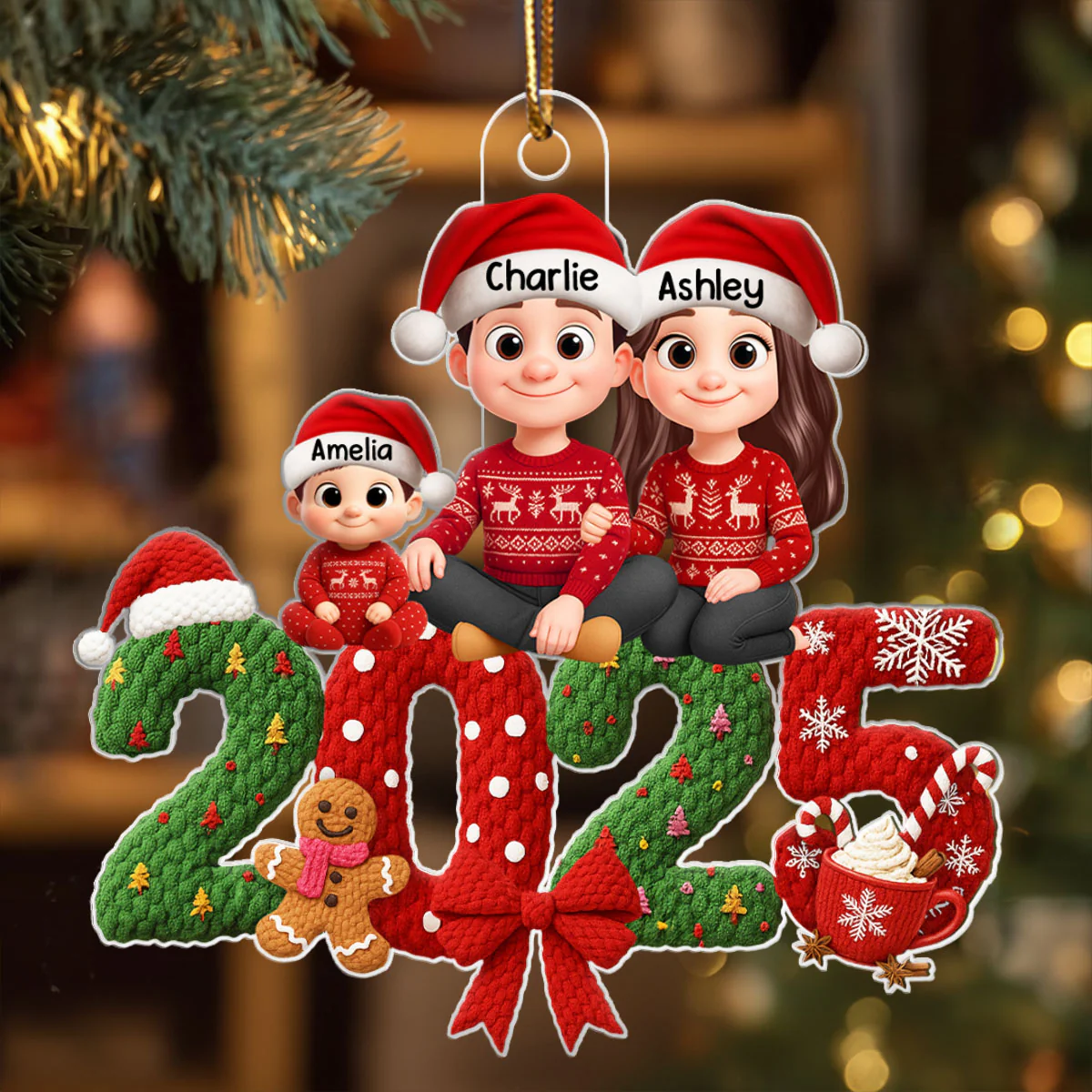 Family Sitting 2025 Latch Hook Yarn Faux - Personalized Acrylic Ornament - Christmas Gift for Family - Image 5