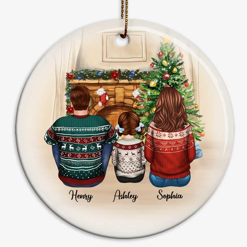 Family Sitting Around Fireplace Personalized Circle Ornament