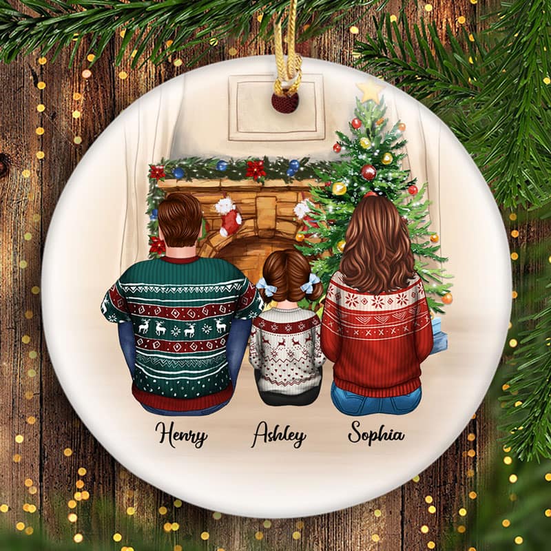Family Sitting Around Fireplace Personalized Circle Ornament - Image 2