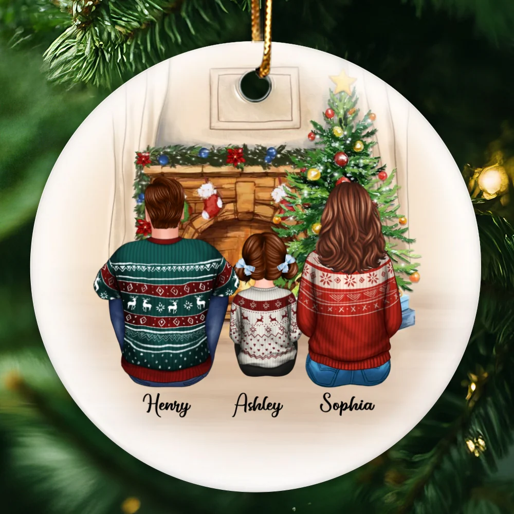 Family Sitting Around Fireplace Personalized Circle Ornament - Image 4