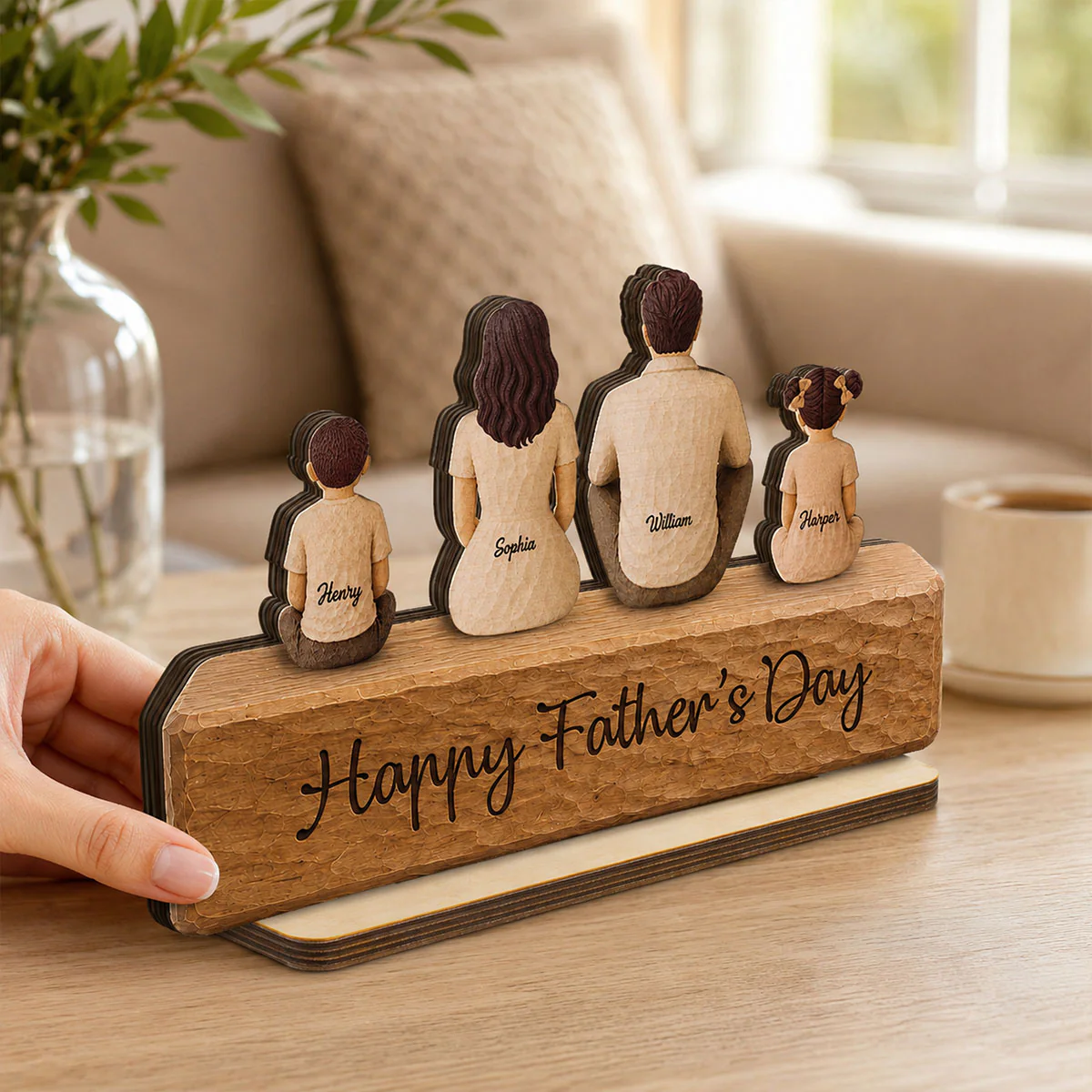 Family Sitting Back View 2D Flat Printed - Personalized 2-Layered Wooden Plaque - Gift For Dad, Gift For Husband, Gift For Grandpa - Image 2