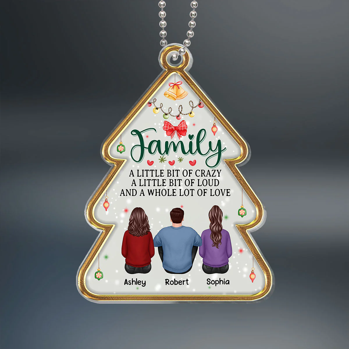 Family Sitting Back View Christmas Tree Shaped Personalized Acrylic Ornament - Image 2