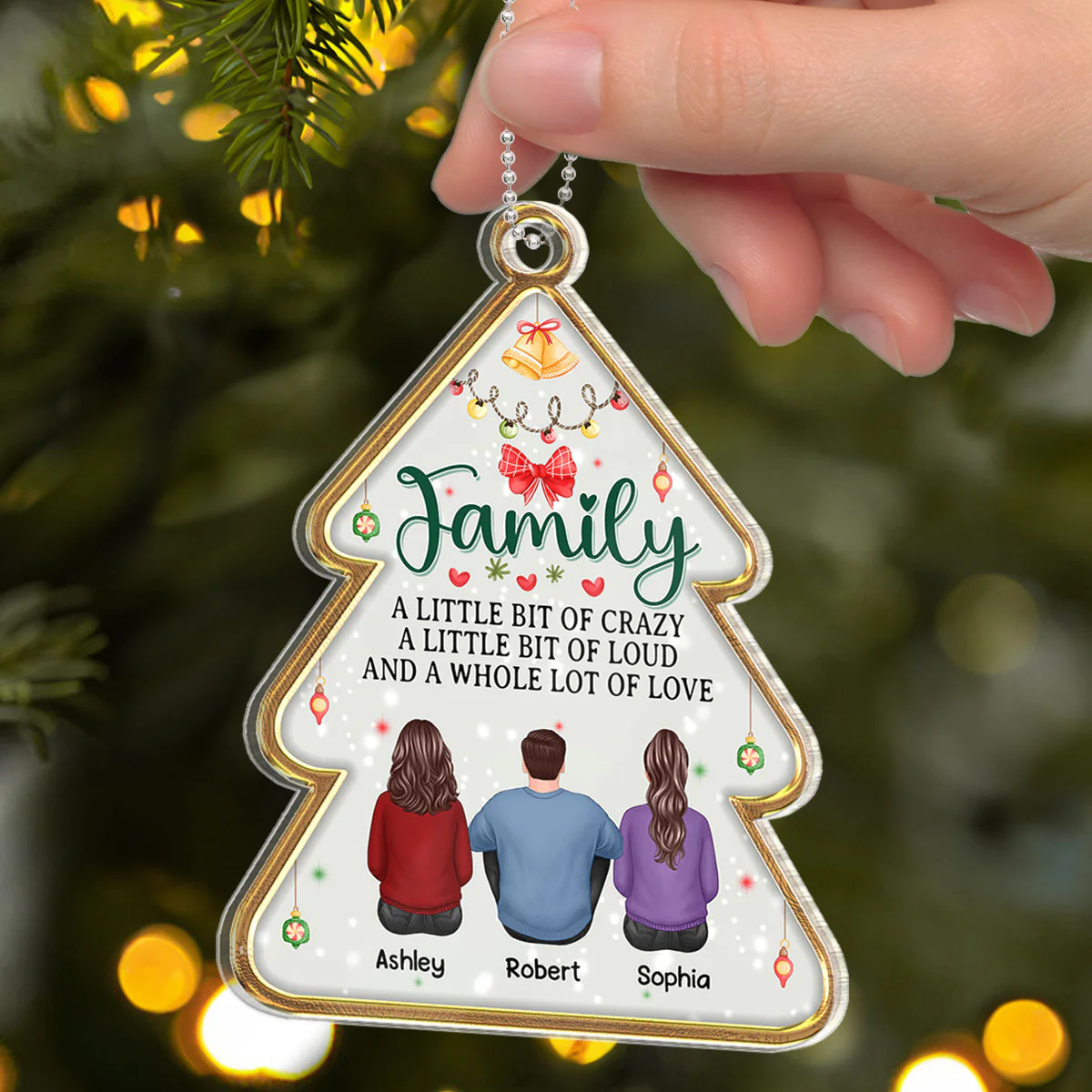 Family Sitting Back View Christmas Tree Shaped Personalized Acrylic Ornament - Image 3