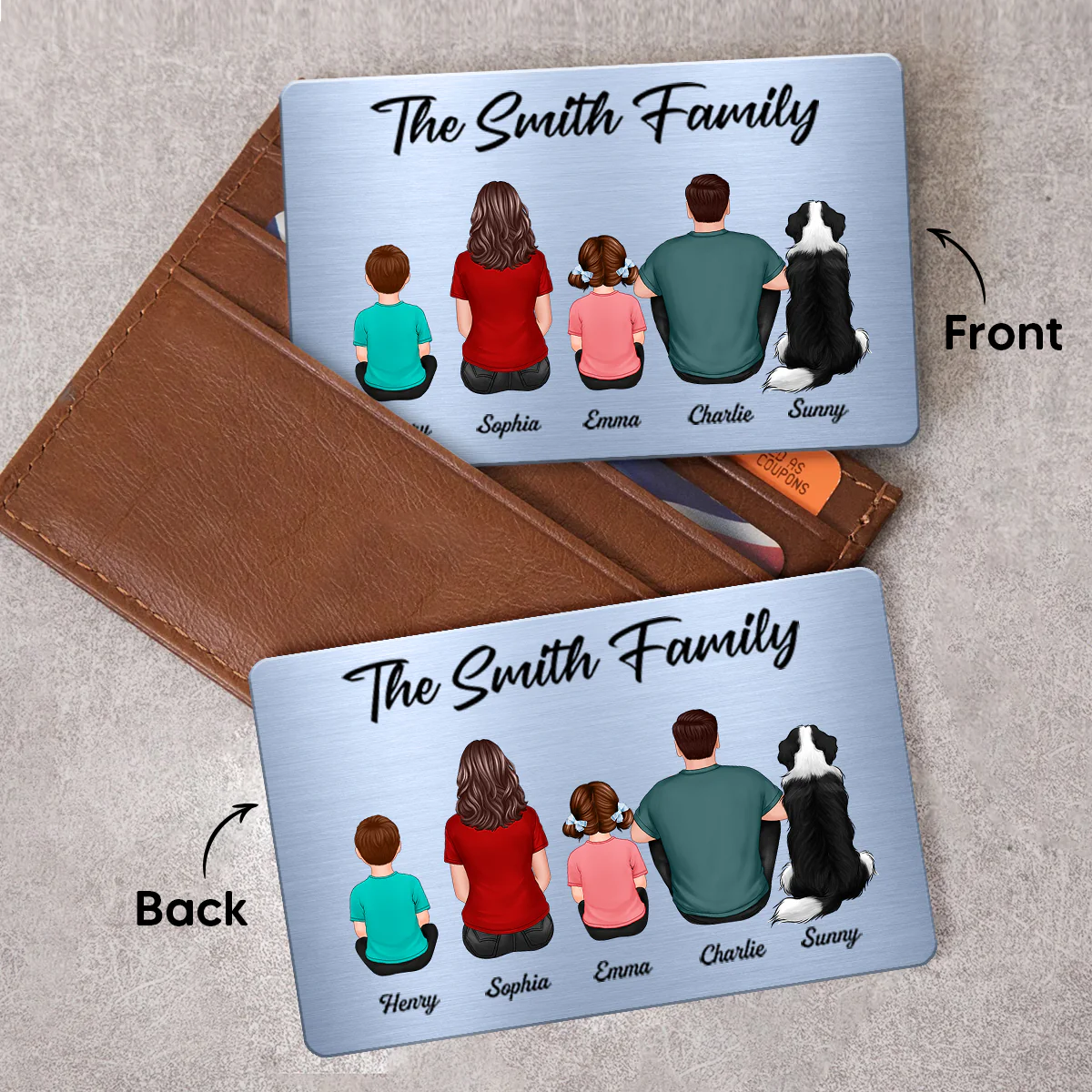 Family Sitting Back View Couple Kid Dog Cat Personalized Wallet Insert Metal Wallet Card