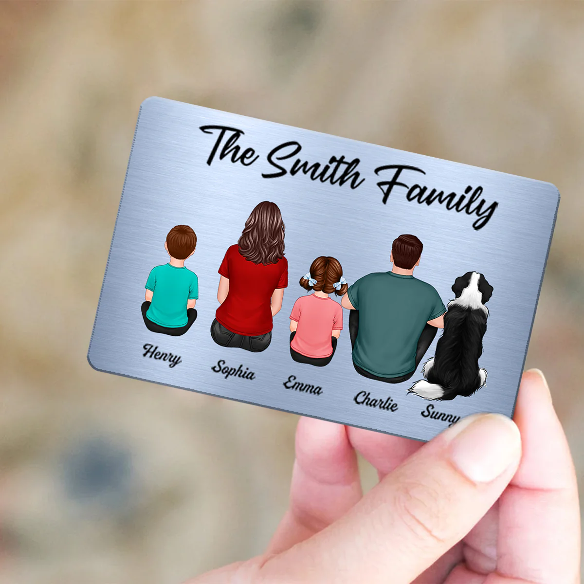 Family Sitting Back View Couple Kid Dog Cat Personalized Wallet Insert Metal Wallet Card - Image 5