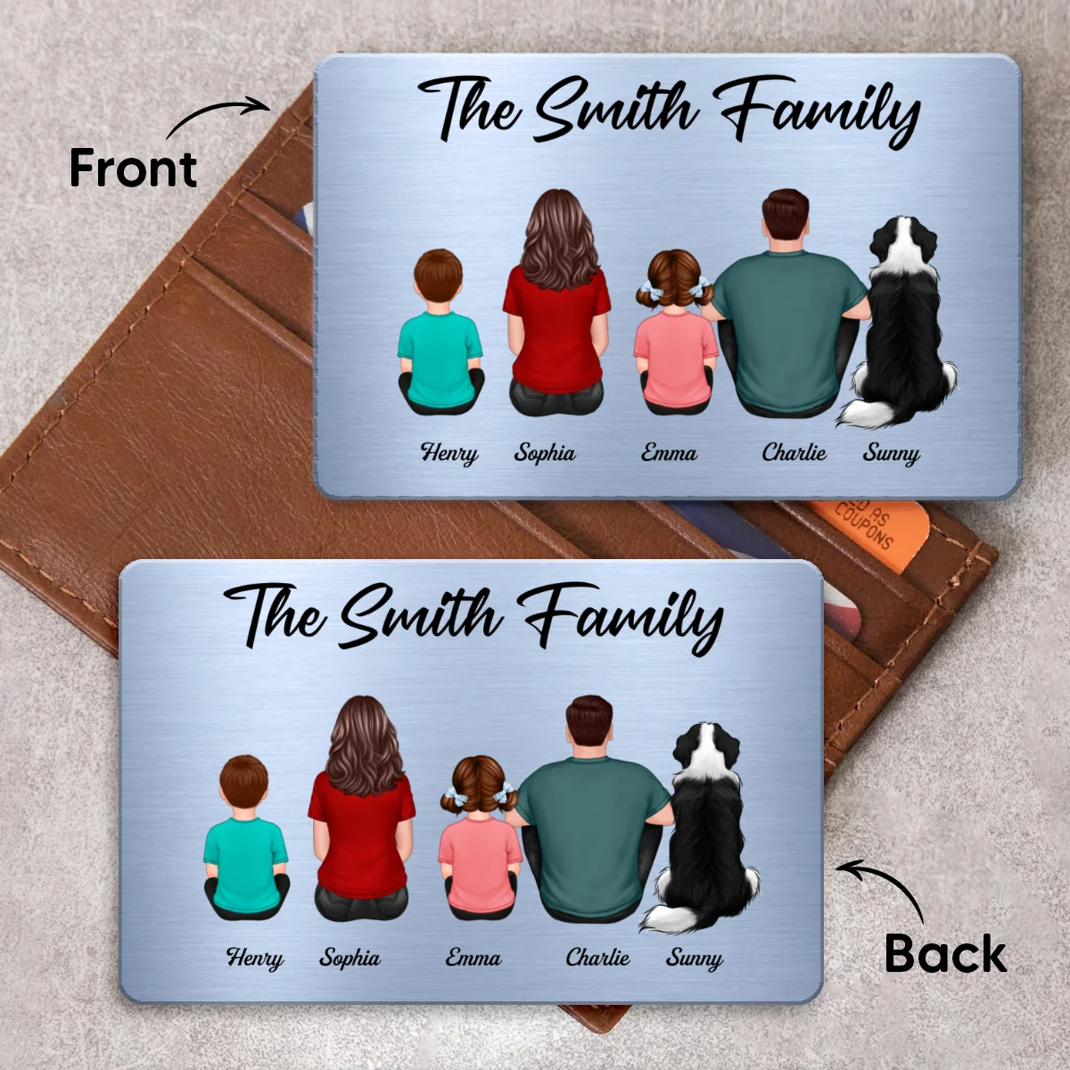 Family Sitting Back View Couple Kid Dog Cat Personalized Wallet Insert Metal Wallet Card - Image 7