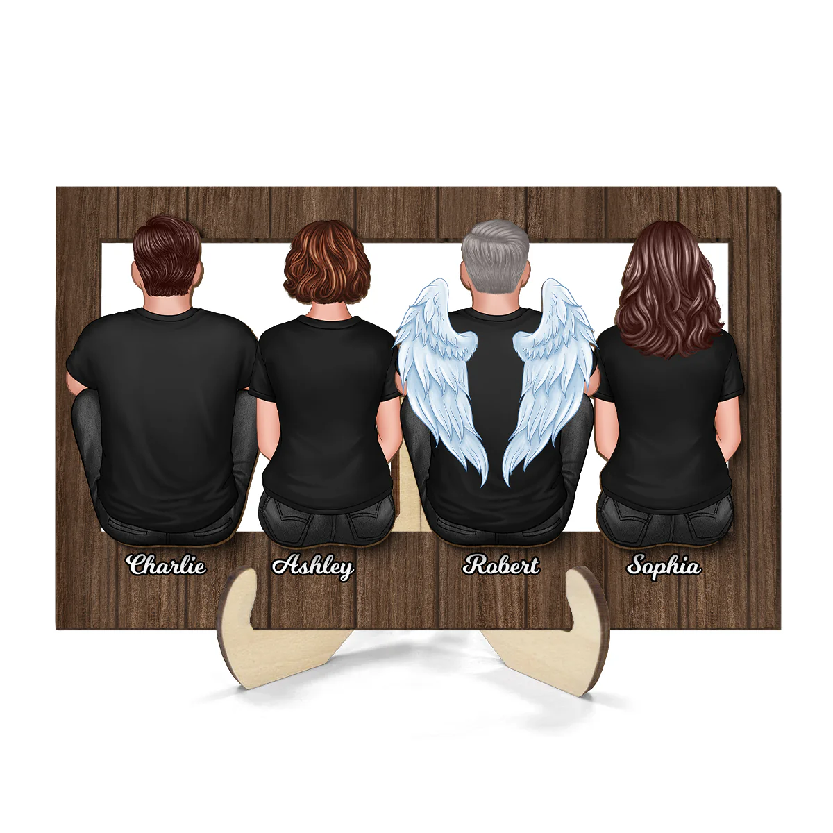Family Sitting Back View Frame Personalized 2-Layer Wooden Plaque
