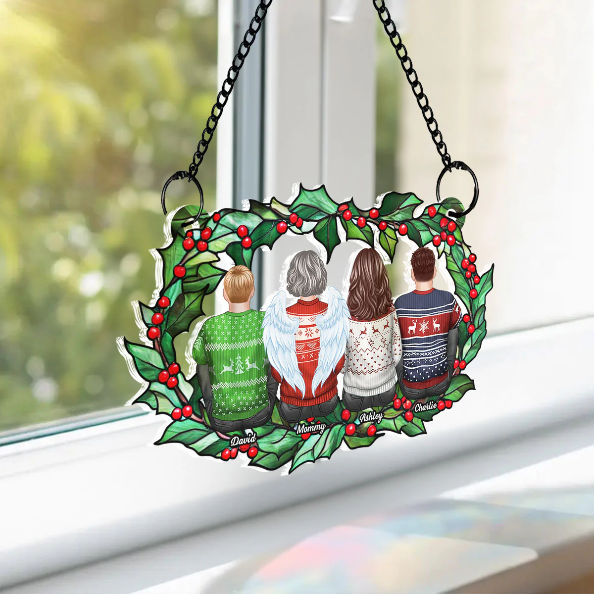 Family Sitting Back View Holly Branch Personalized Suncatcher, Heartfelt Memorial Gift For Your Loved One - Image 8