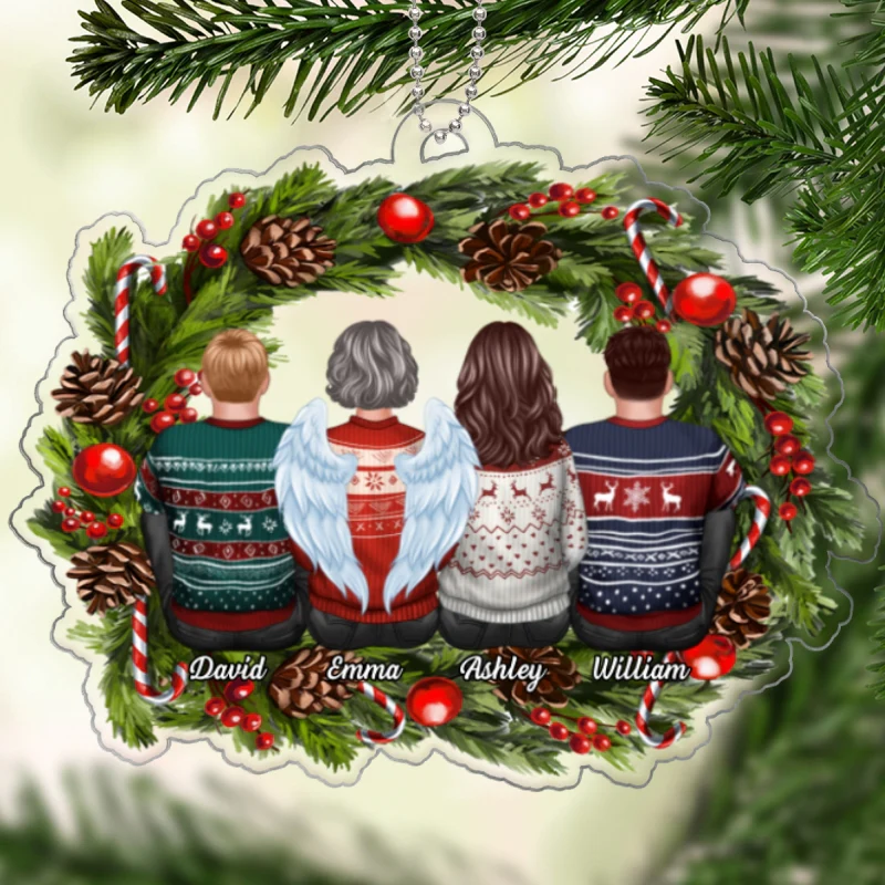 Family Sitting Back View Holly Branch Memorial Personalized Acrylic Ornament, Sympathy Gifts - Image 6