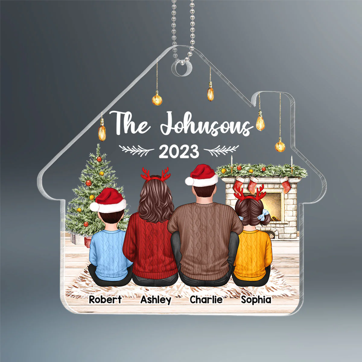 Family Sitting Back View House Shaped Personalized Acrylic Ornament - Image 2