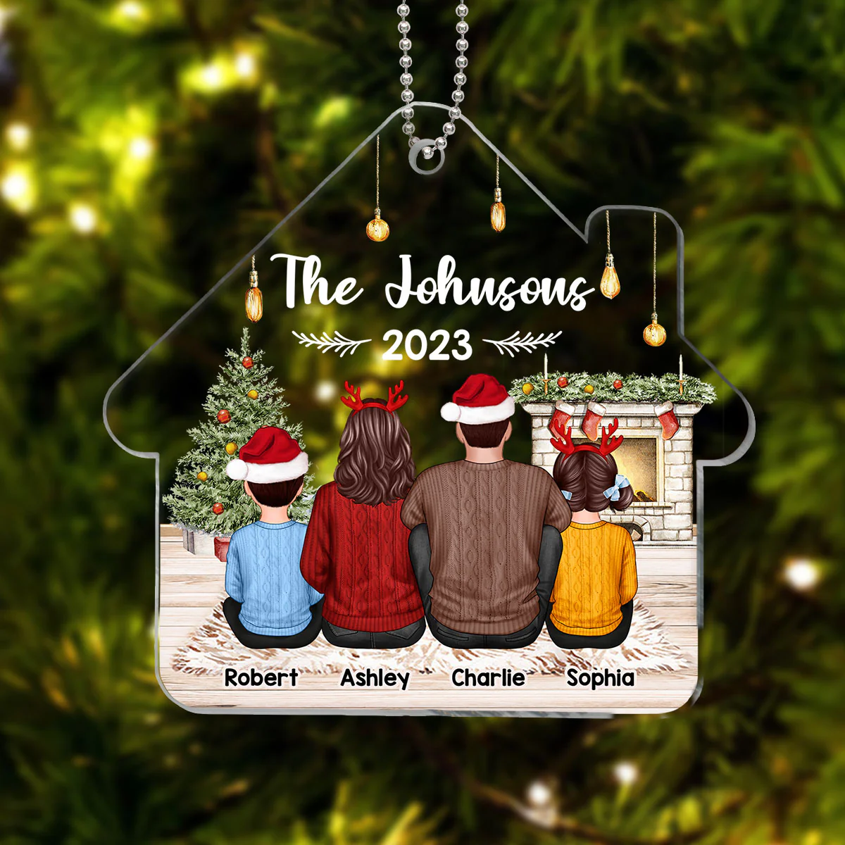 Family Sitting Back View House Shaped Personalized Acrylic Ornament - Image 3