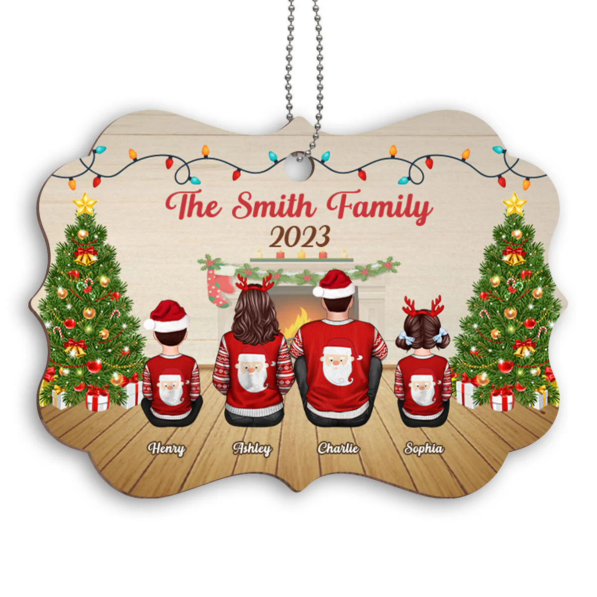 Family Sitting Back View In House Personalized Wooden Ornament