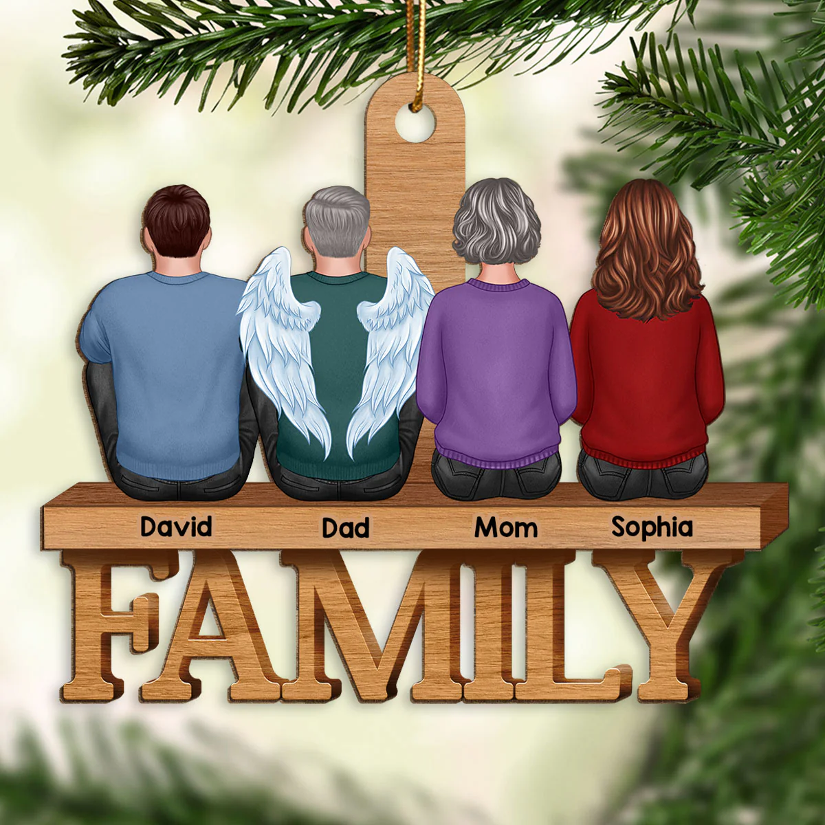 Family Sitting Back View On Word Christmas Gift Personalized Wooden Ornament - Image 2