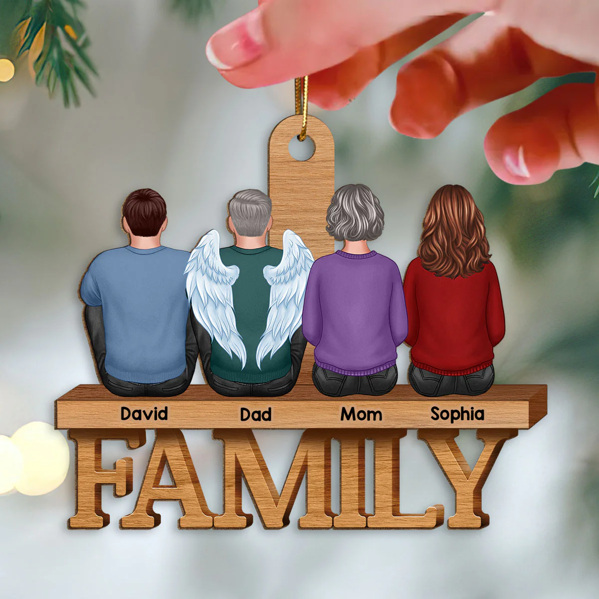 Family Sitting Back View On Word Christmas Gift Personalized Wooden Ornament - Image 3