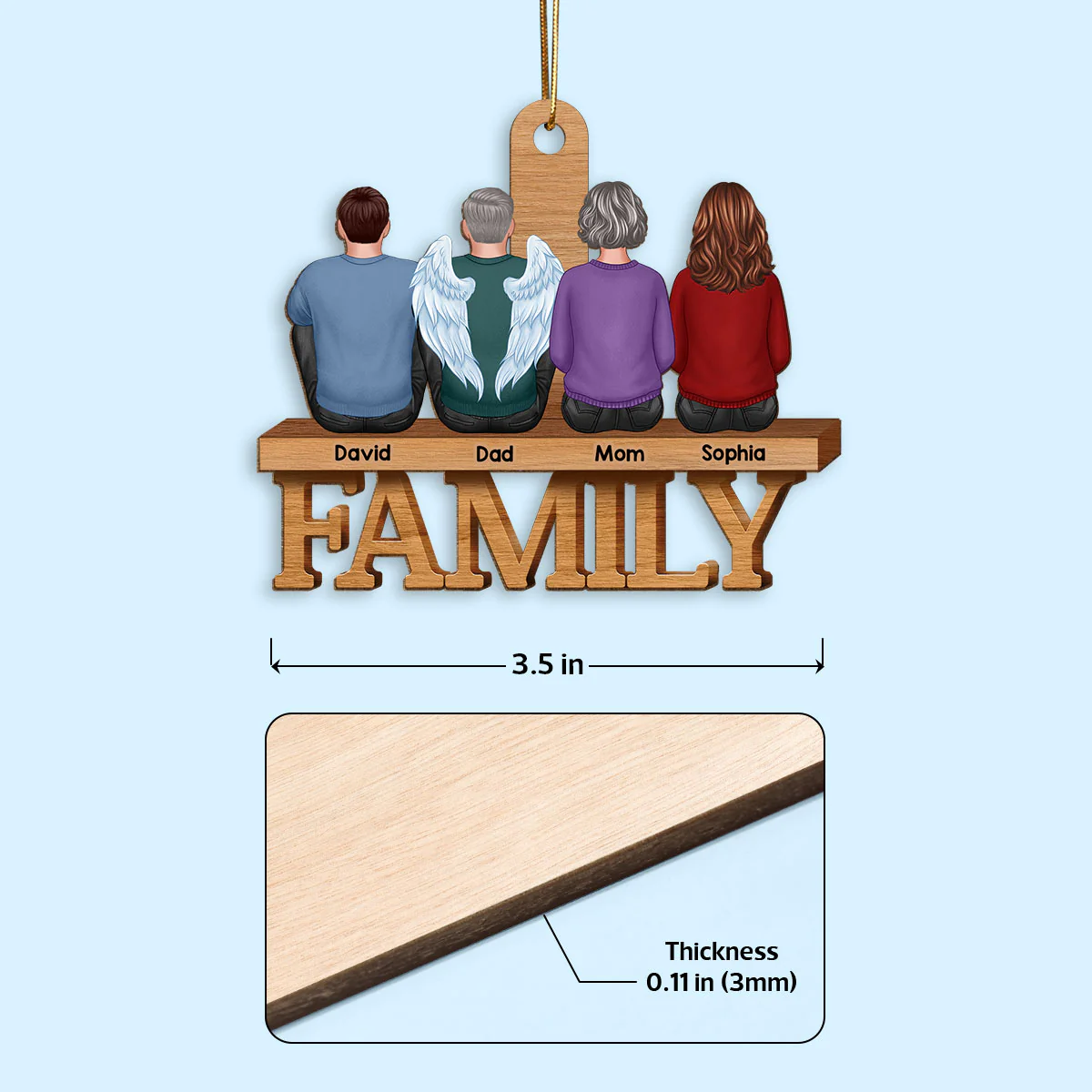 Family Sitting Back View On Word Christmas Gift Personalized Wooden Ornament - Image 4